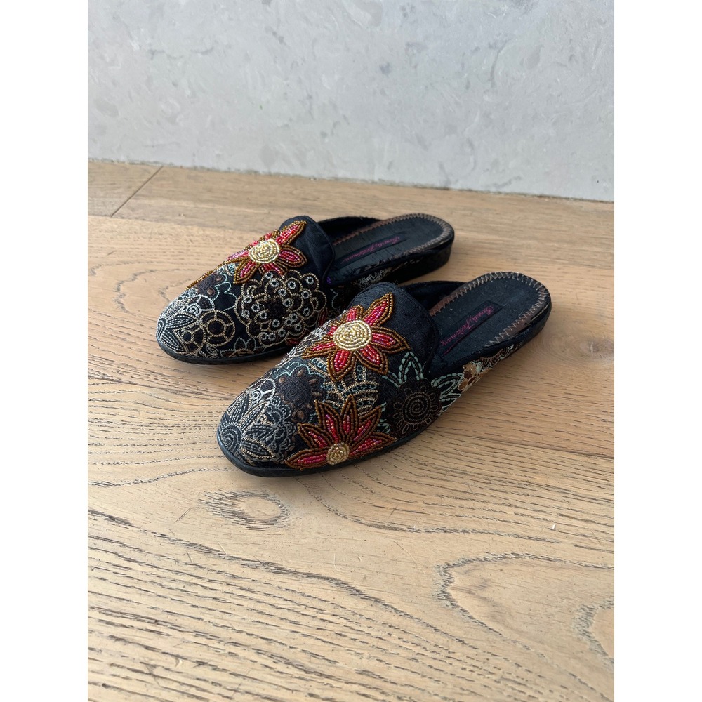 BEVERLY FELDMAN Frankie black silk beaded embroidered mules loafers floral shoes